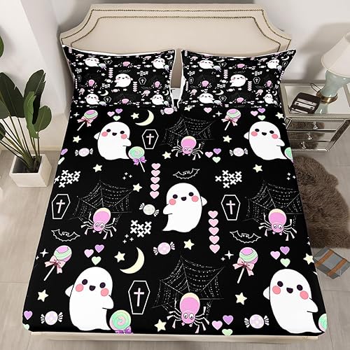 Miniatura 10 de Juego de sábanas Kawaii de fantasma, tamaño King, juego de ropa de cama de Halloween morado de 4 piezas para decoración de habitación de niños y