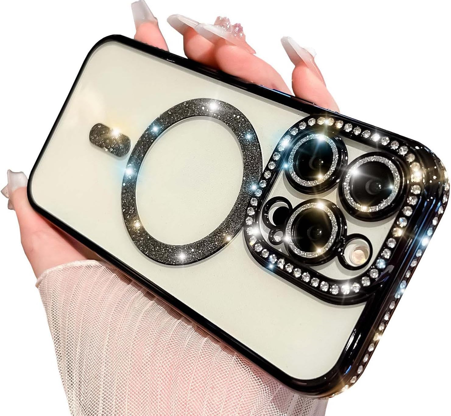 Cute for iPhone 15 Pro Max Magnetic Glitter Case,Luxury Bling Rhinestone Diamond Plated Bumper Case,Compatible with MagSafe, Sparkle Camera Lens Protection Clear Cover for Women Girls(Black) - Image 7