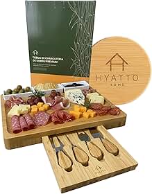 Tábua de Frios e Queijos com 3 Tigelas de Cerâmica e Kit 4 Facas – Tábua de Charcutaria em Bambu – Tabua de Frios Madeira Premium – Ideal Para Presente, Tabua de Frios Petisqueira | HYATTO HOME