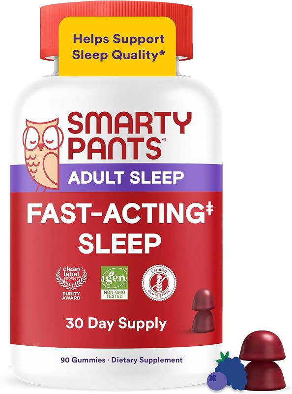 SmartyPants Adult Fast-Acting Sleep Gummies w/Melatonin, Magnesium, L-Theanine, Drug-Free, Gluten Free, Clean Label, Non-Habit Forming Sleep Aid, Blueberry BlackBerry Flavor, 60 Count (30 Day Supply)