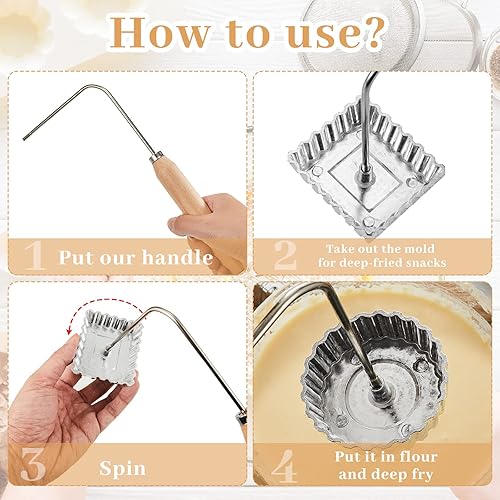 Miniatura 4 de Tessco - 12 moldes de hierro de roseta, molde Achappam Bunuelos de 6 formas con asa, máquina de rosetas de hierro de aluminio y asas de madera para