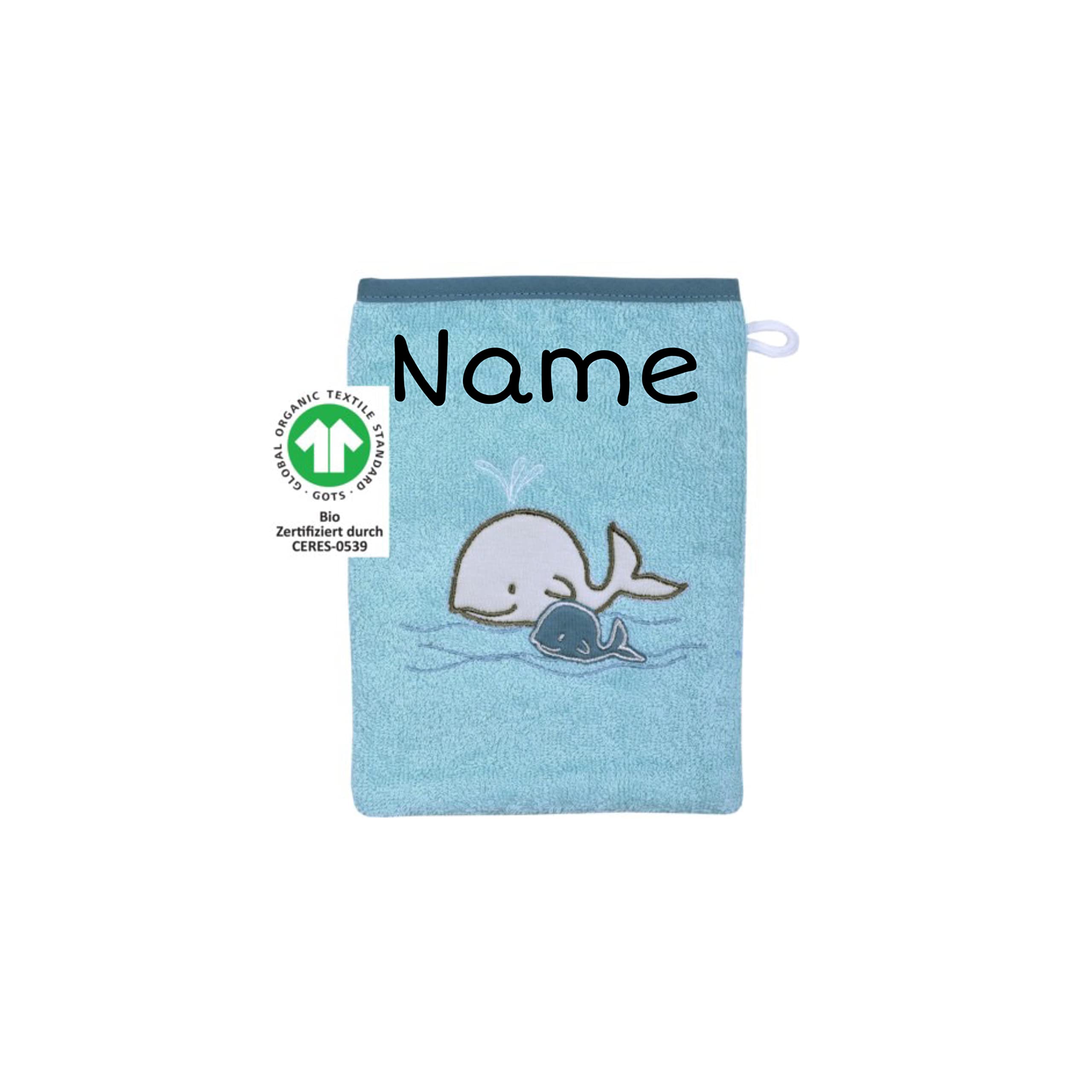 Set Kinder Poncho + Waschlappen personalisiert | 100% Bio Baumwolle | personalisiert mit Namen | Baby Kapuze Bademantel | Badeponcho | Kinder Badetuch | bis 7 Jahre (Walfamilie Türkis)
