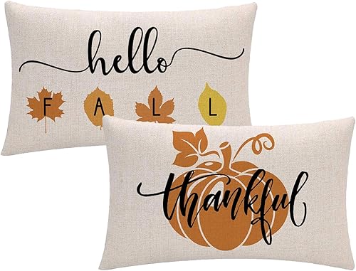 7COLORROOM Paquete de 2 fundas de almohada con diseño de Hello Fall para decoración de otoño, color naranja, hojas de arce, rectangulares, para la
