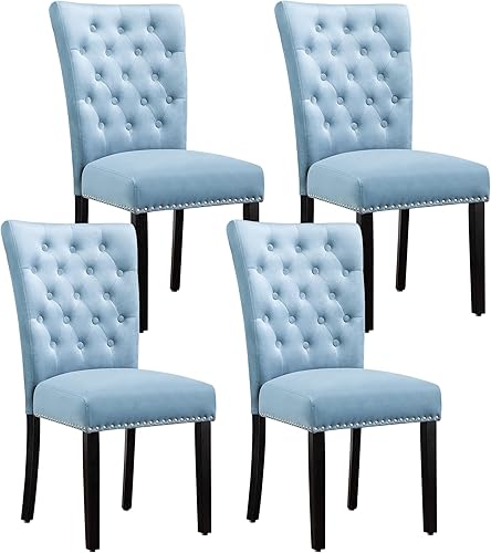 Miniatura 11 de Juego de 4 sillas de comedor de cocina de terciopelo, silla de comedor tapizada Parsons, silla decorativa de madera con ribete clavado, azul