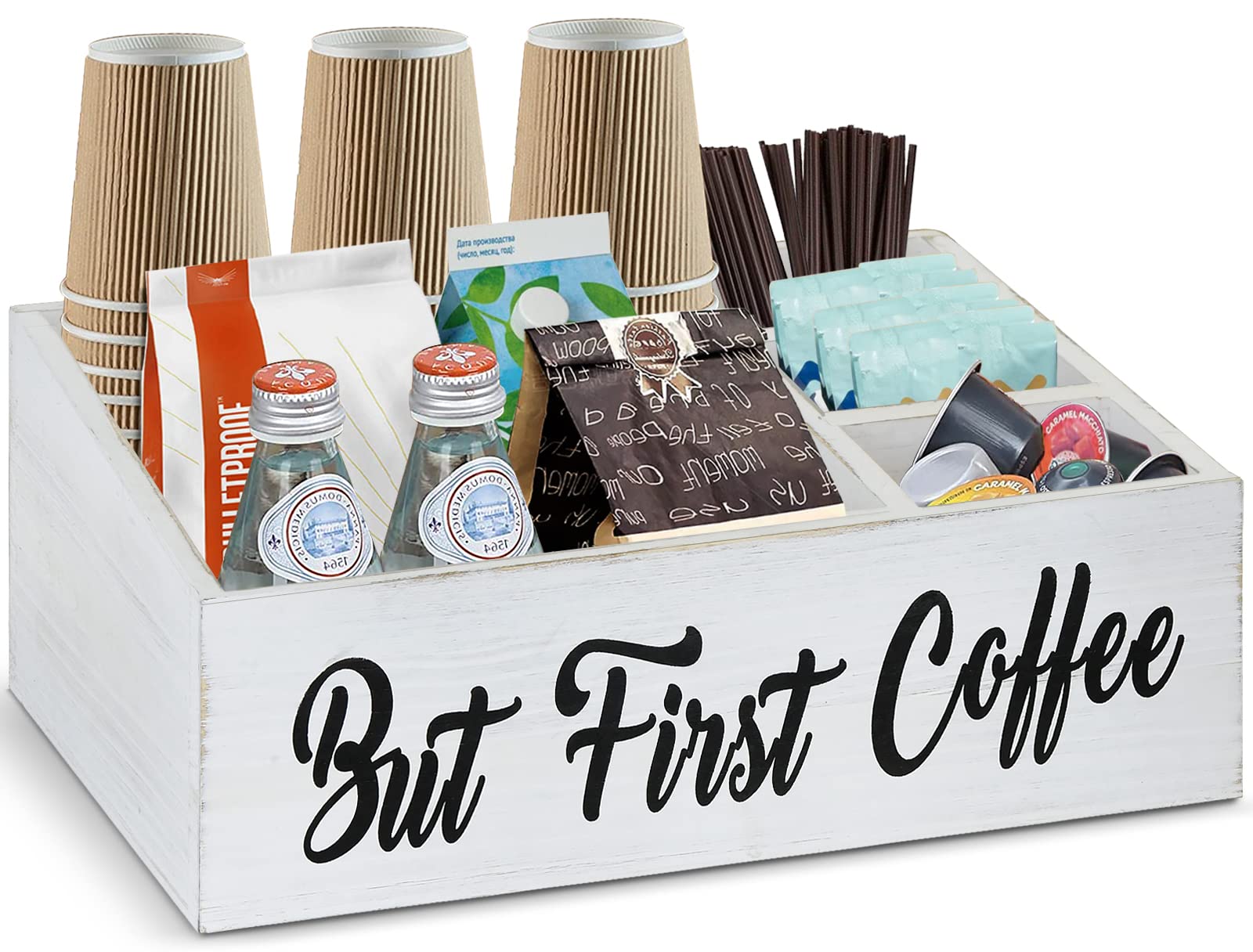 PICKKROSS Wood Coffee Station Organizer, Coffee Bar Accessories Organizer Countertop, Coffee Caddy for Coffee Bar Decor, Coffee Pod Holder Storage Box for Coffee Capsule Pod, Sugar, Coffee Station