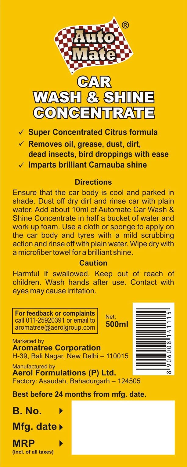 AUTO MATE AEROL Car Wash & Shine Concentrate, pH Neutral Car Shampoo, Citrus Fragrance, Carnauba Wax Foam Wash, High Gloss Finish, Dirt Remover for Cars, Bikes & All Vehicles, 500 ml, 500 g 3