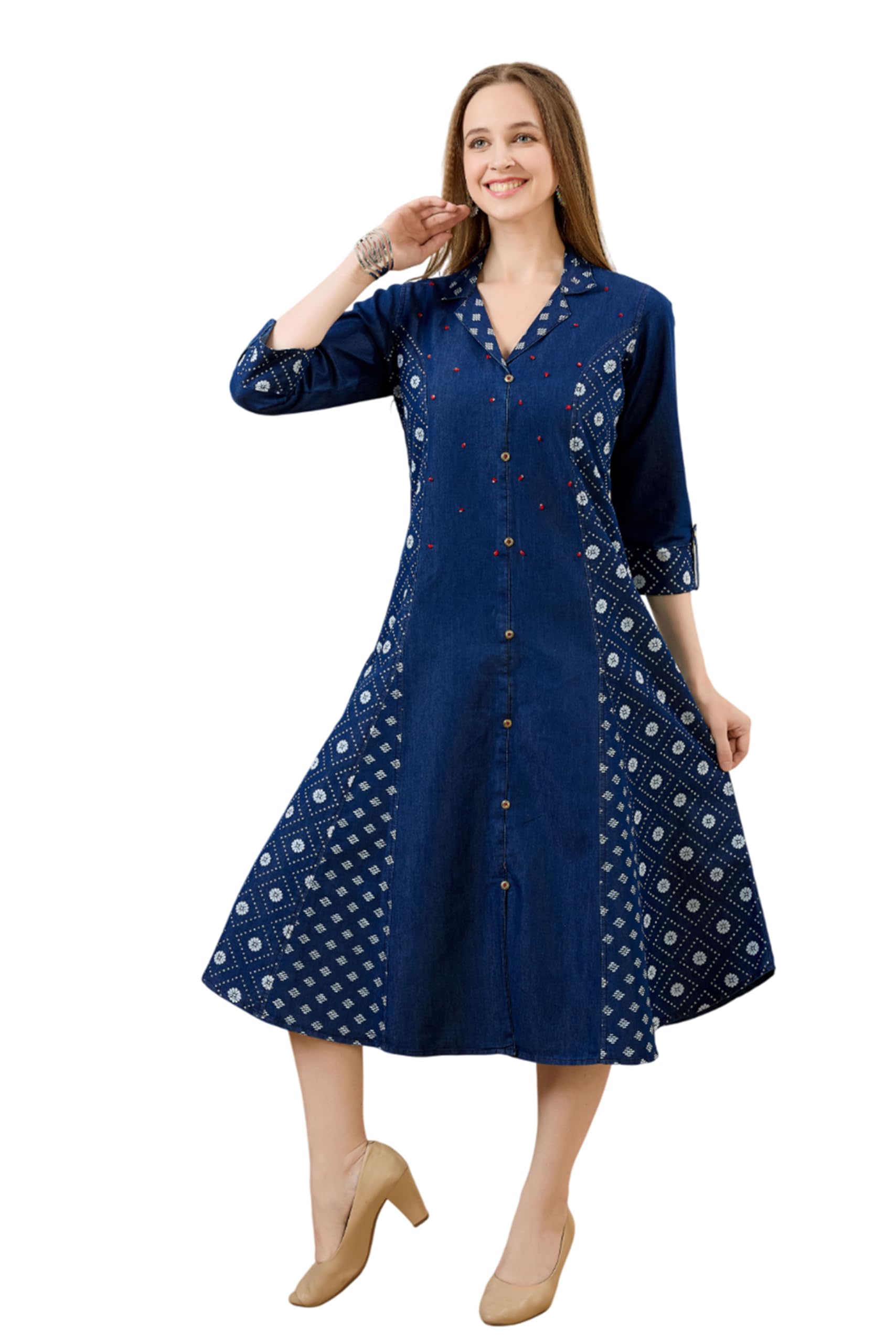 Wrangler Impex Women's Lapel Collar Neck A-Line Denim Kurti|Regular Fit Kurti|Kurta|3/4th Sleeves|Floral Printed|Beads|Princess Cut in blue
