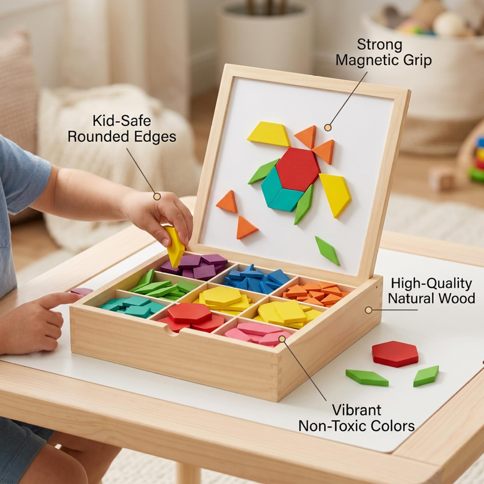 Rompecabezas Tangram, Rompecabezas magnéticos de Madera con Tarjetas de diseño, Juguetes de Aprendizaje para niños de 3 a 8 años, de geometría Tangram, 220 Piezas