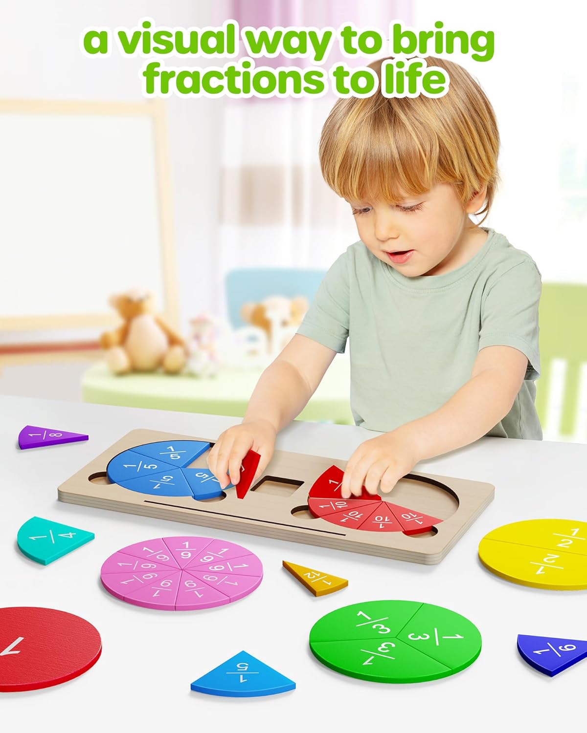 D-FantiX Wooden Fraction and Pink Magnetic Fraction Book, Math Manipulatives for Elementary School, Montessori Fraction Manipulatives Learning Tools for Kids