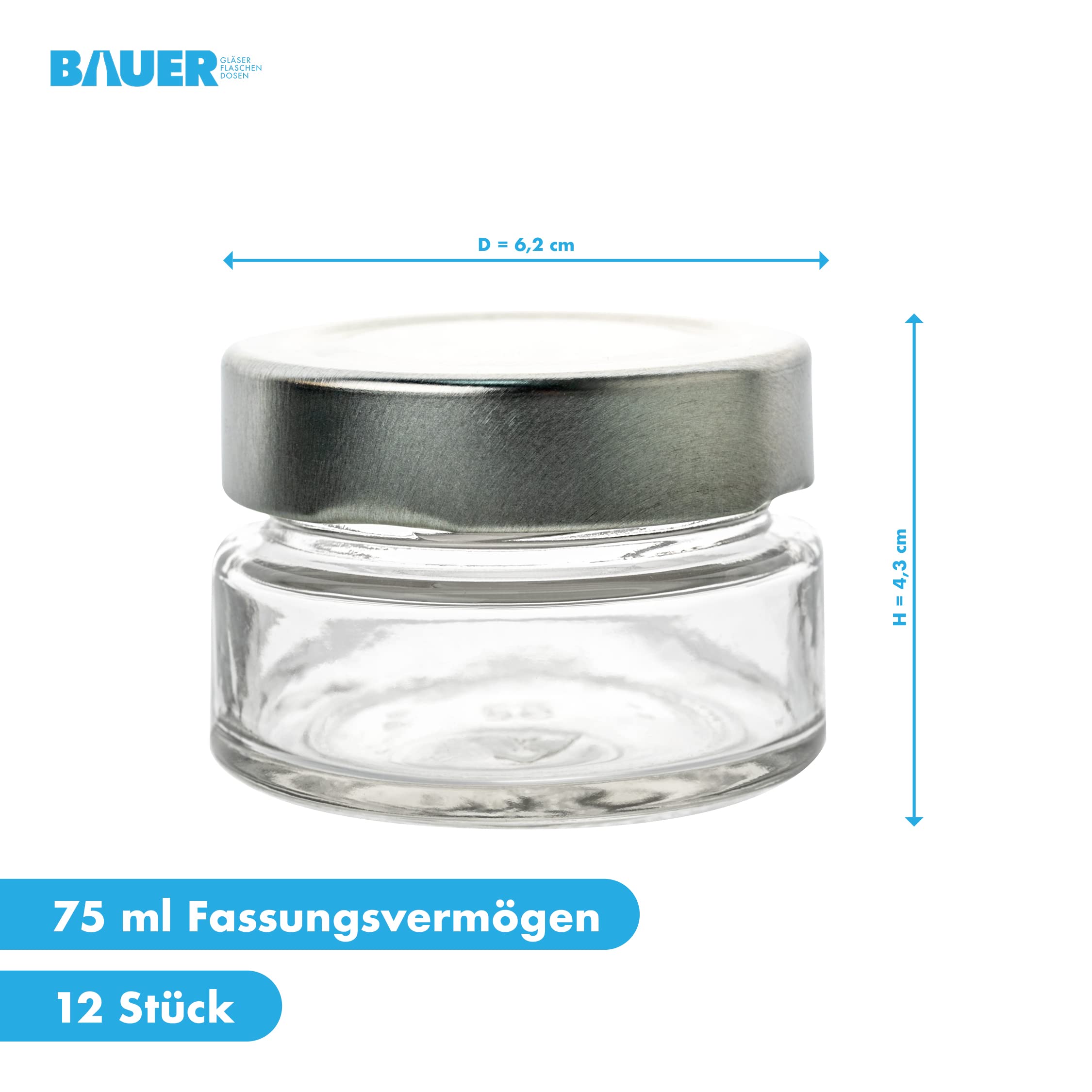 Flaschenbauer - Einmachgläser 75ml 12er Set - Gewürzgläser mit Deckel TO58 Silber, Schraubgläser, Joghurtgläser, Marmeladengläser, mit Twist-Off-Deckel, für Marmelade, Honig, Gewürze