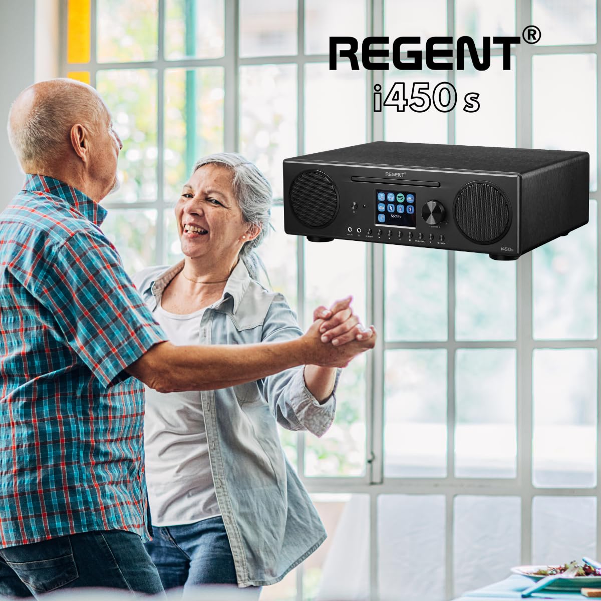 Głośnik REGENT i450s Spotify Connect DAB+ Radio internetowe Odtwarzacz CD Digital Home Stereo Hi-Fi Bluetooth FM 20, podwójny alarm i pilot Wejście AUX i USB (Czarne)