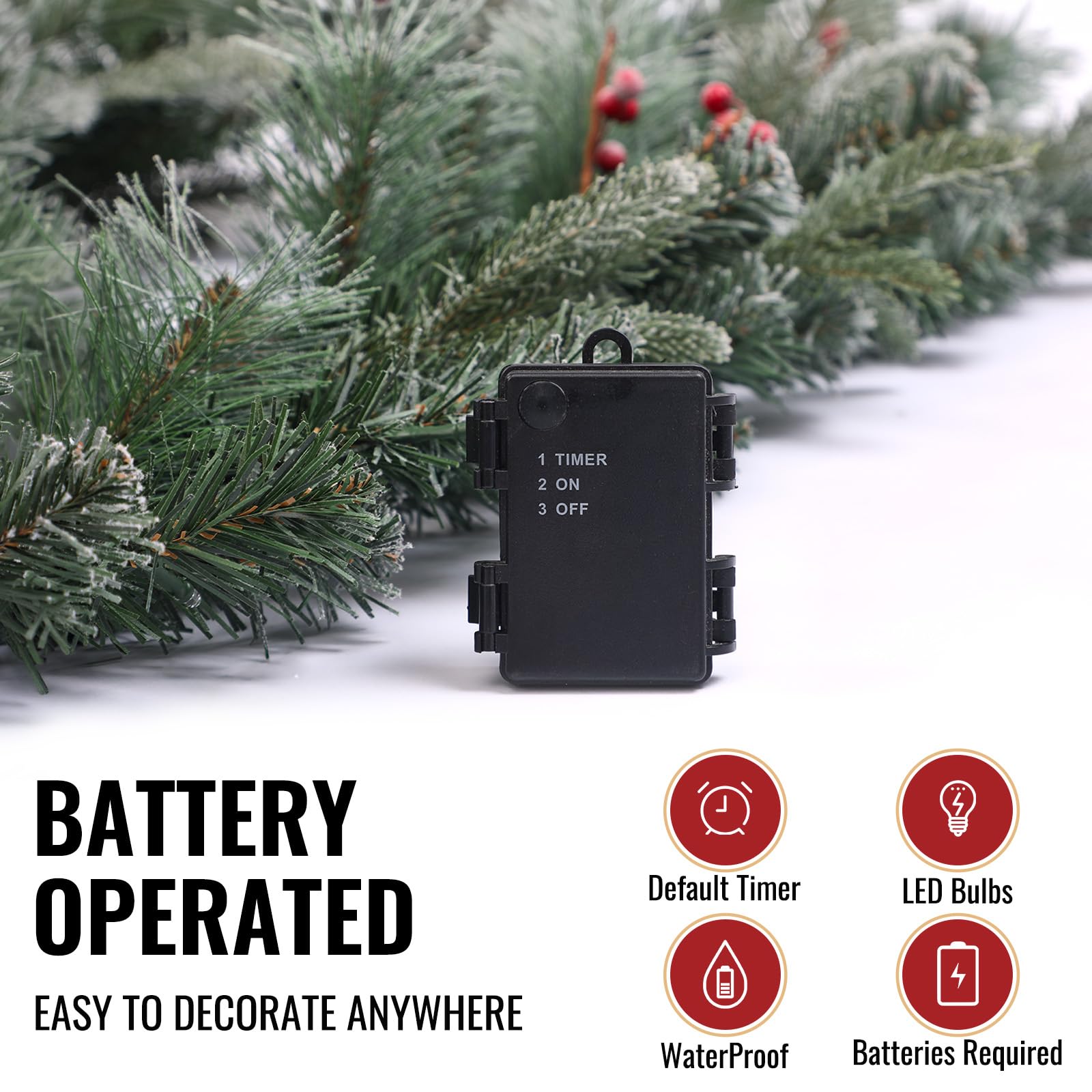OasisCraft Ghirlanda di Natale pre-illuminata da 2,7 m con pinoli e mazzi di bacche, ghirlanda innevata in PVC e polietilene con 50 luci LED, funziona a batterie e timer per la