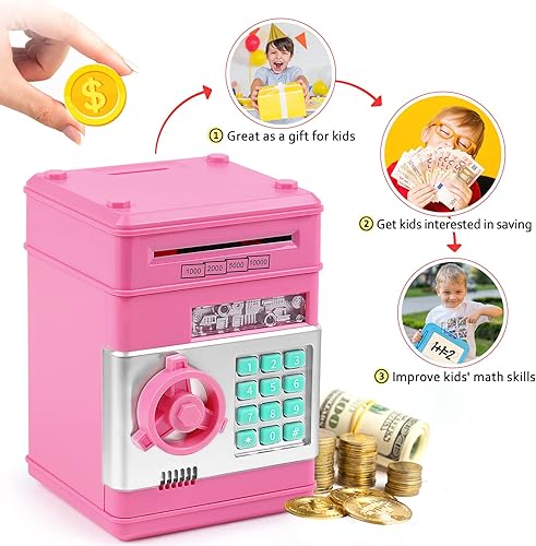 Miniatura 5 de Vcertcpl - Alcancía de cajero automático para niños y niñas, mini cajero automático caja de ahorro de dinero con contraseña, tarro de dinero seguro