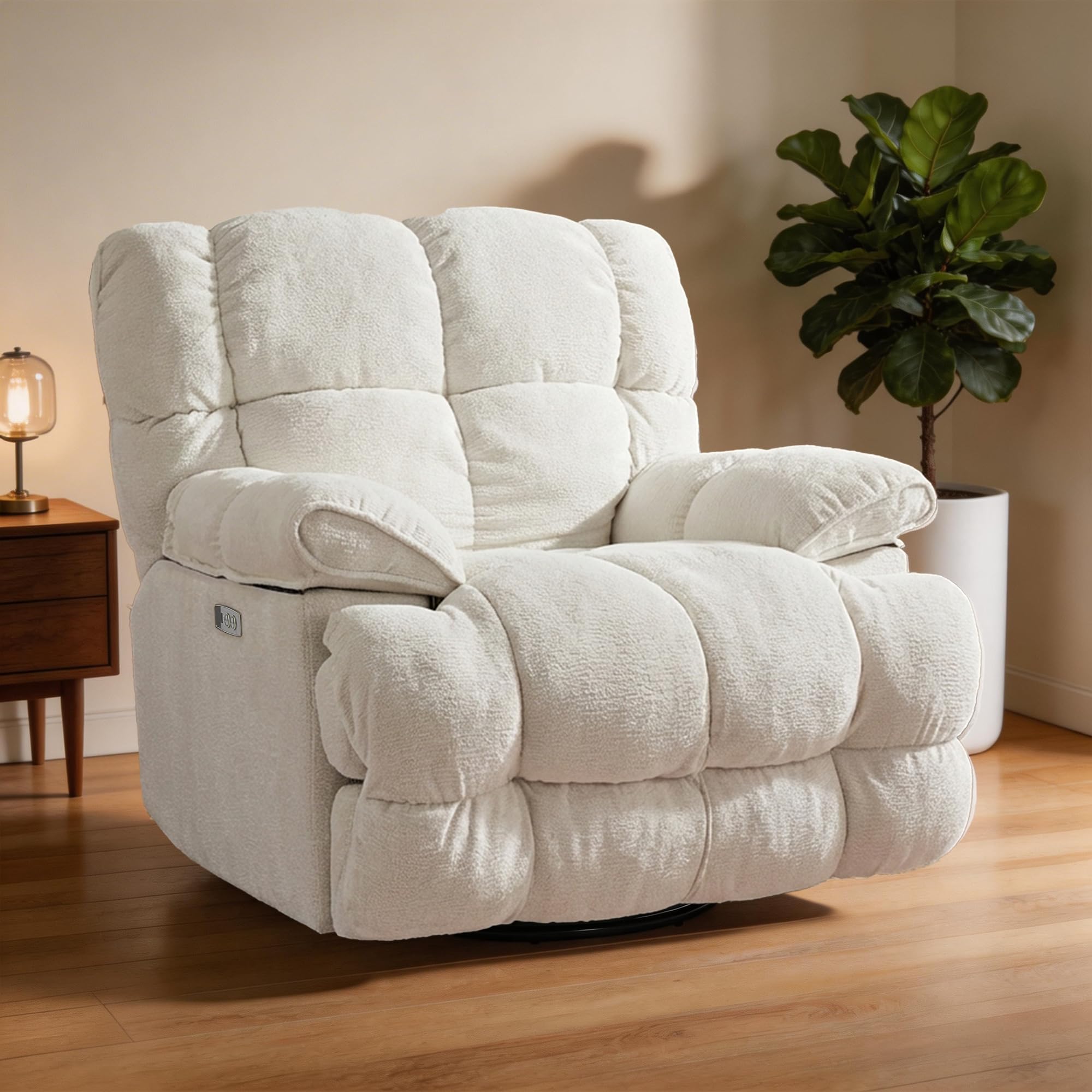 Fauteuil relax électrique blanc XL avec pivotement à 360° et ports de charge USB