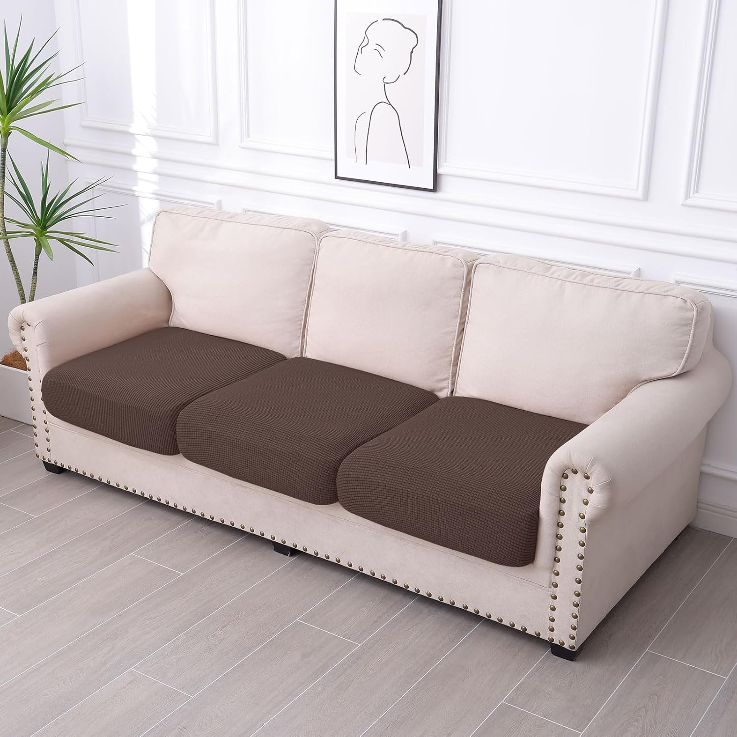 hyha Waterproof Couch Cushion Covers for Pets, Non Slip Sofa Seat Cover for Dogs Washable, Soft Thick Stretch Jacquard Fabric, Sofa Slipcovers with Elastic Bottom (3 Pieces, Brown) Brown 3PC