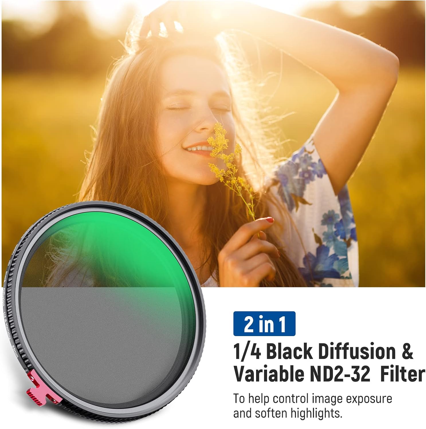 NEEWER 55mm Black Diffusion 1/4 Effect with ND2-ND32 Variable ND Filter 2 in 1, HD Neutral Density Filter with Dreamy Cinematic Features, Water Repellent/Scratch Resistant/Dust Proof, No X Cross