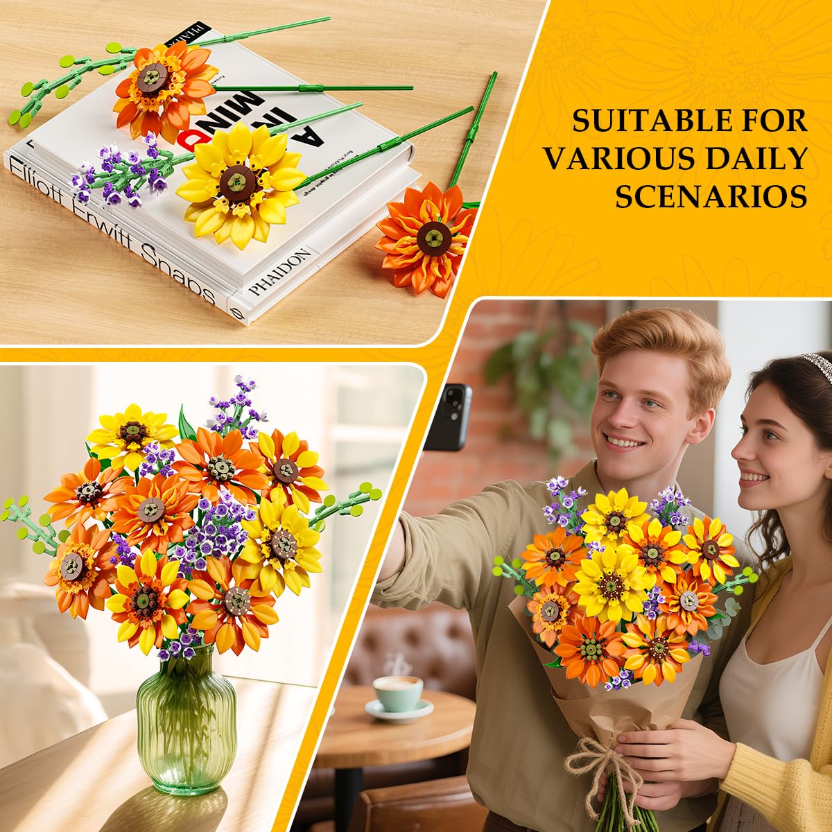 Nzkeuf Set di Blocchi da Costruzione per Bouquet di Girasoli con Vaso, Set di Fiori Finti, Decorazione Creativa per La Casa, Collezione Botanica per Donne e Ragazze dai 14 anni in su