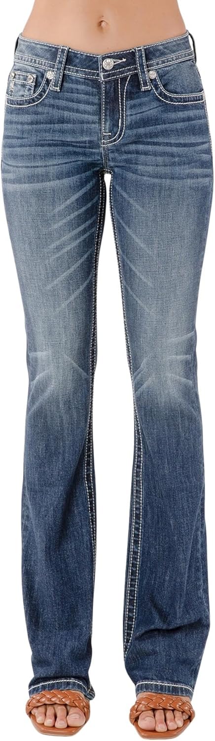 Miss Me Women's Floral Longhorn Embellished Pockets Mid-Rise Bootcut Jeans