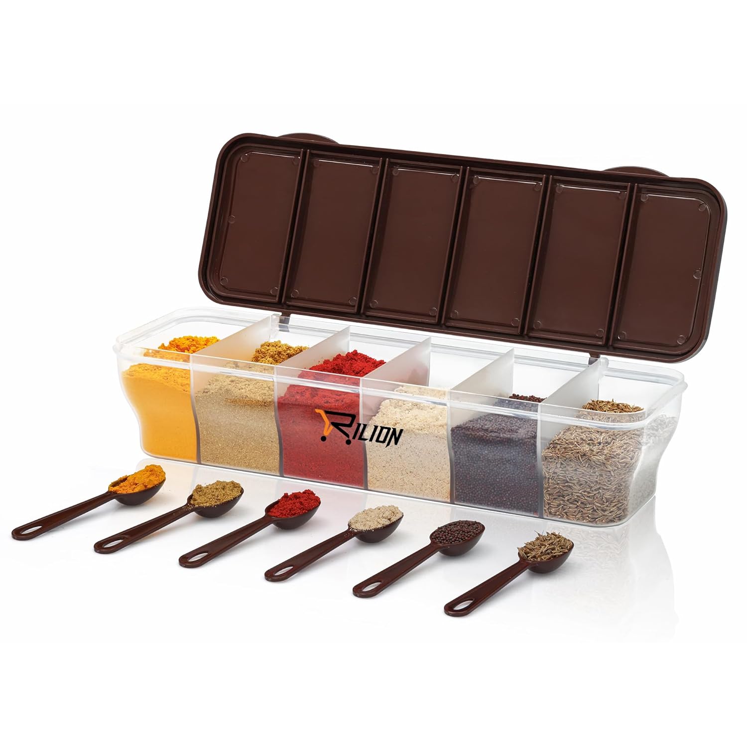RILION Multipurpose 6-in-1 Masala Box for Kitchen| Airtight BPA-Free Plastic 6 Section Storage Container with 6 Spoons, 1800 ml Transparent Pickle Box for Spices| Dry Fruits, Snacks Pack Of 1 Brown RILION Multipurpose 6-in-1 Masala Box for Kitchen| Airtight BPA-Free Plastic 6 Section Storage Container with 6 Spoons, 1800 ml Transparent Pickle Box for Spices| Dry Fruits, Snacks Pack Of 1 Brown