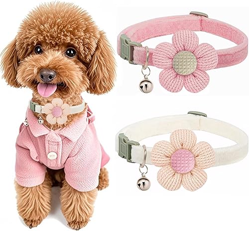 Miniatura 9 de Collar para perros pequeños con flor, Collares para cachorros XS, Collares para perros pequeños con campana para niña niño perrito pequeño (Rosa)