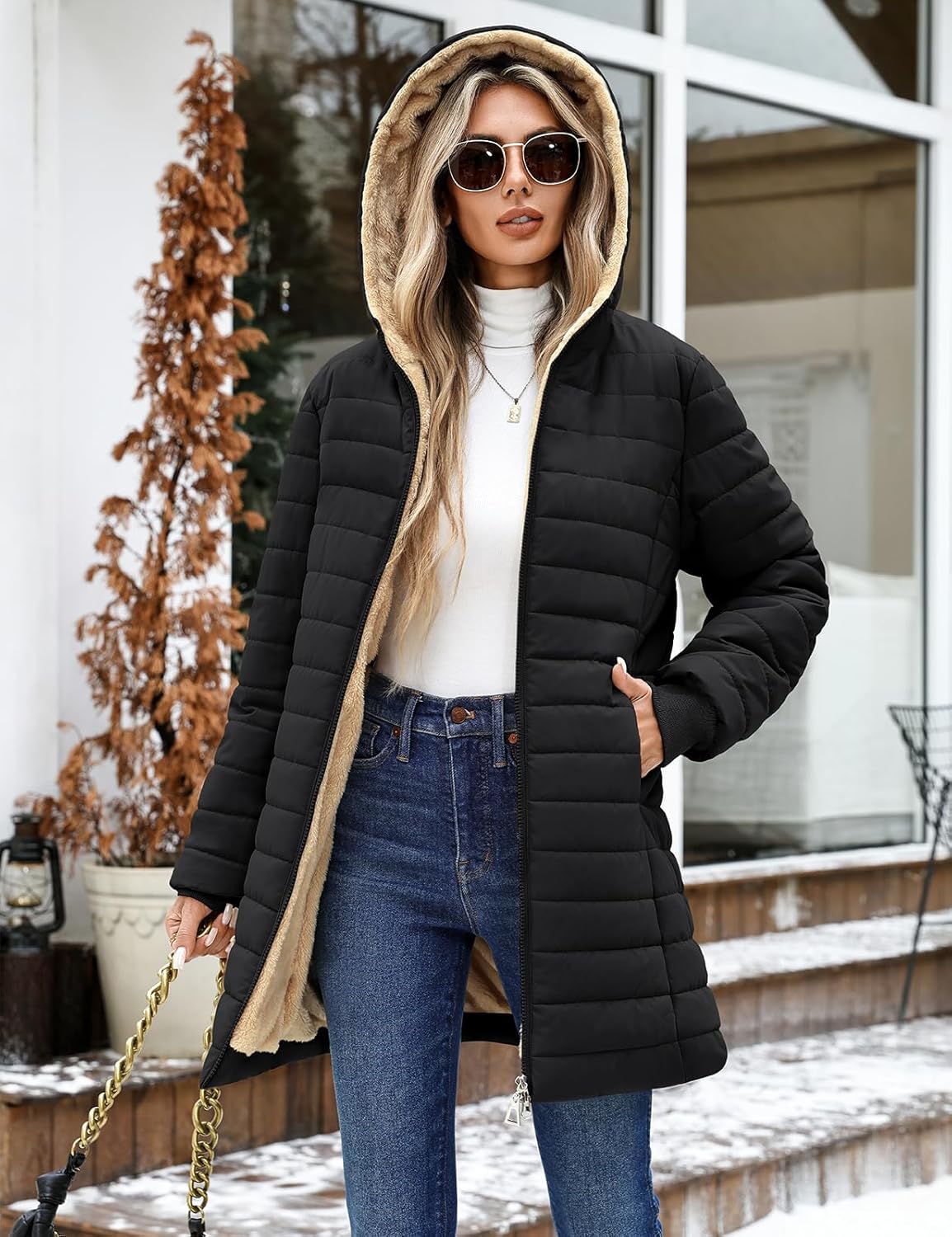 Women's Puffer Jacket with Hood, Lightweight Winter Quilted Jacket Outwear Down Coat Long Sleeve with Fleece Lining - Image 4