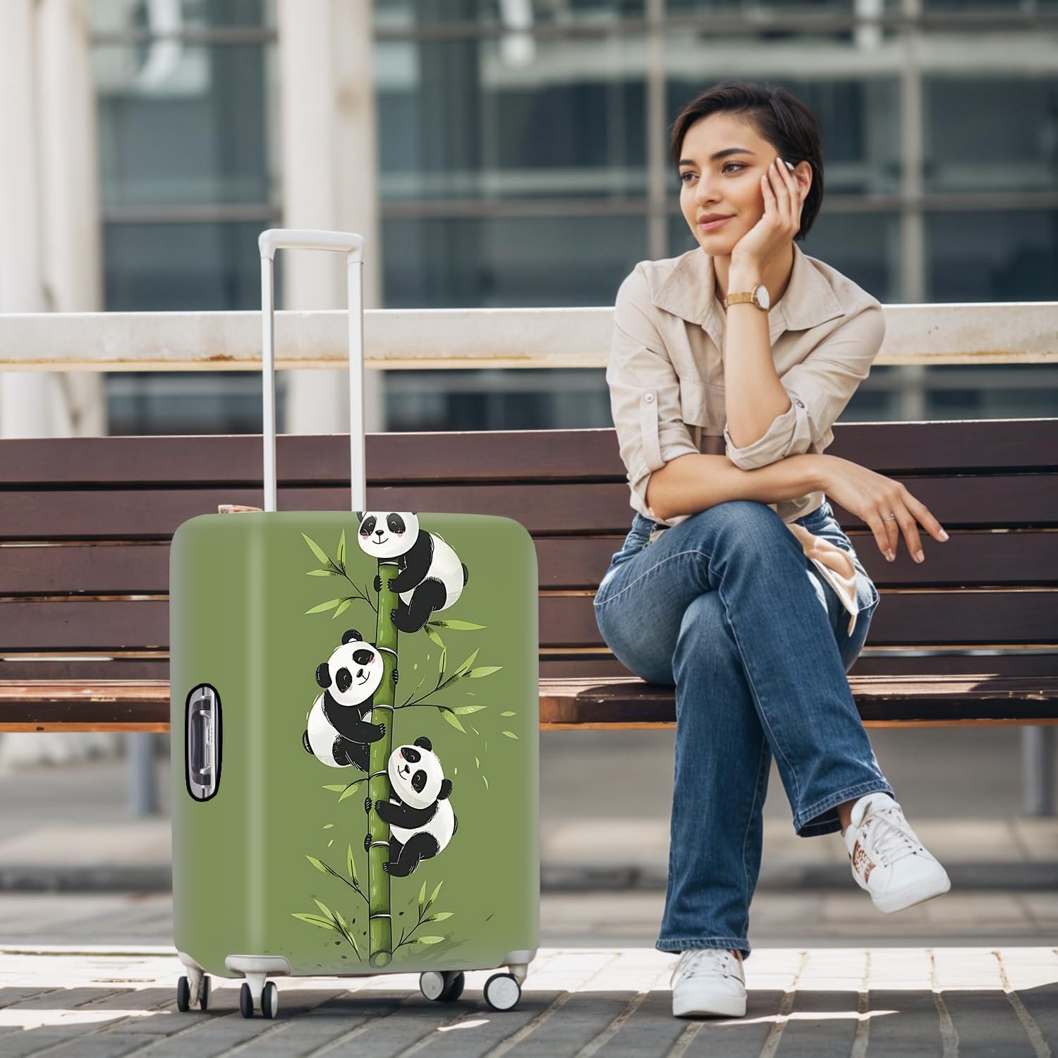 Cute Panda Luggage Cover – Bamboo Climbing Panda Suitcase Protector, Stretchable & Waterproof Travel Luggage Sleeve,S image 2