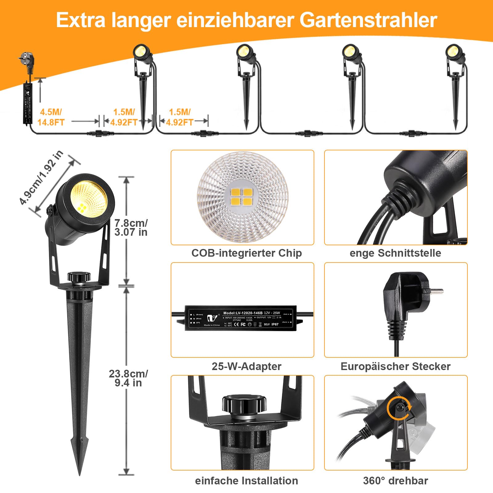 ECOWHO Gartenbeleuchtung LED, 12V 3W Gartenstrahler, mit Erdspieß und Stecker IP65 wasserdicht LED Gartenleuchten, Gartenspots mit Kabel für Außen Garten Rasen.(Warmweiß, 4er-Pack)
