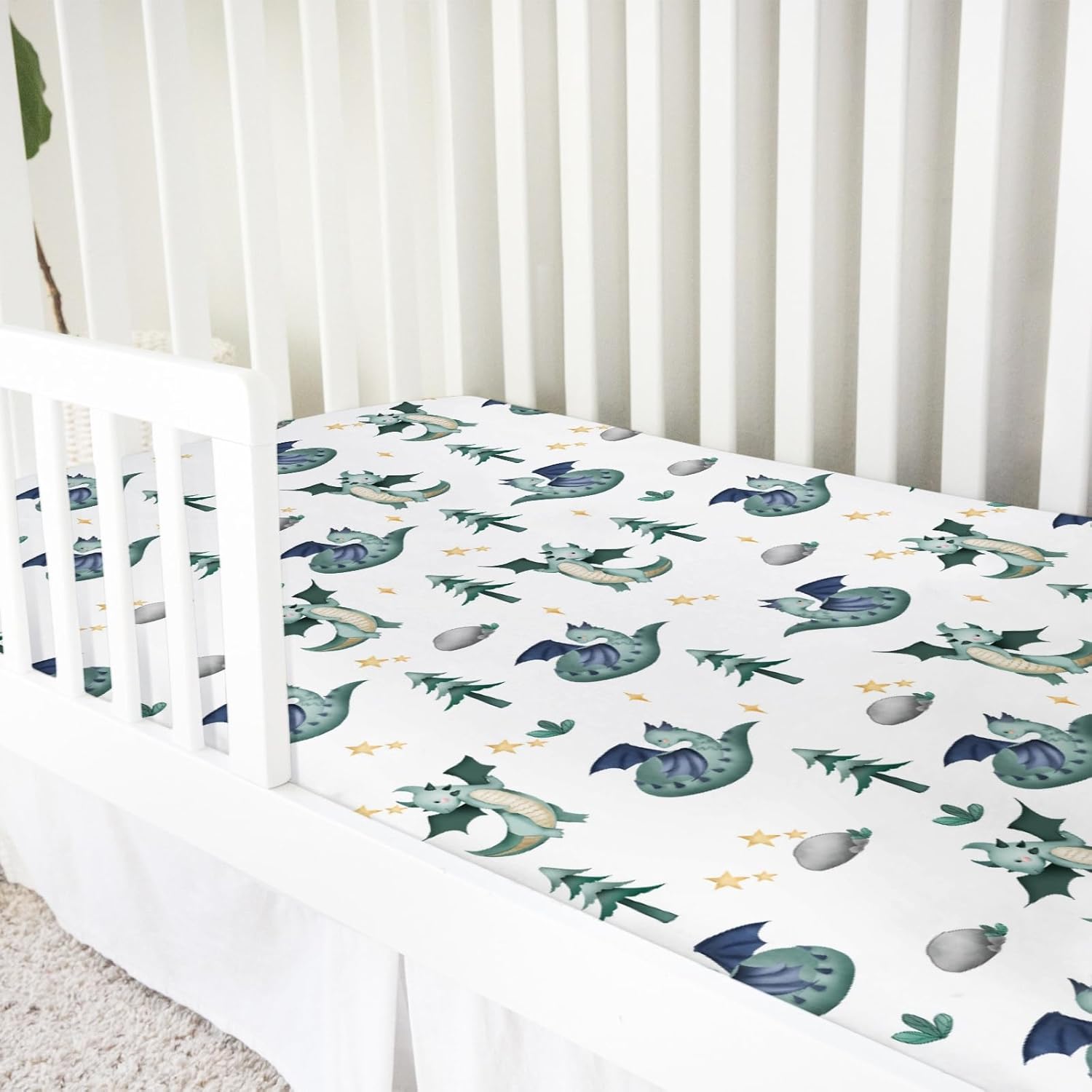 Cartoon Fairy Tale Dragon Trees Stars Baby Crib Sheets 52''x28'' Watercolor Dragons Stretchy Fitted Crib Mattress Cover for Boy Girl Soft Bed Sheet for Standard Crib and Toddler Mattress