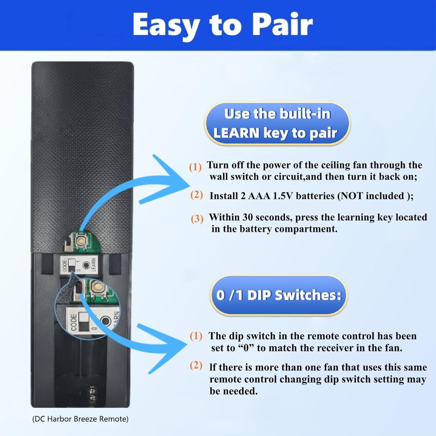 Replacement for Harbor Breeze Ceiling Fan Remote Control A25-TX012 A25-TX025, 6-Speed & Light Dimmer with Learn Key for DC Motor,Natural Breeze & Sleep Timer & Season Slide Switch (Remote Only)