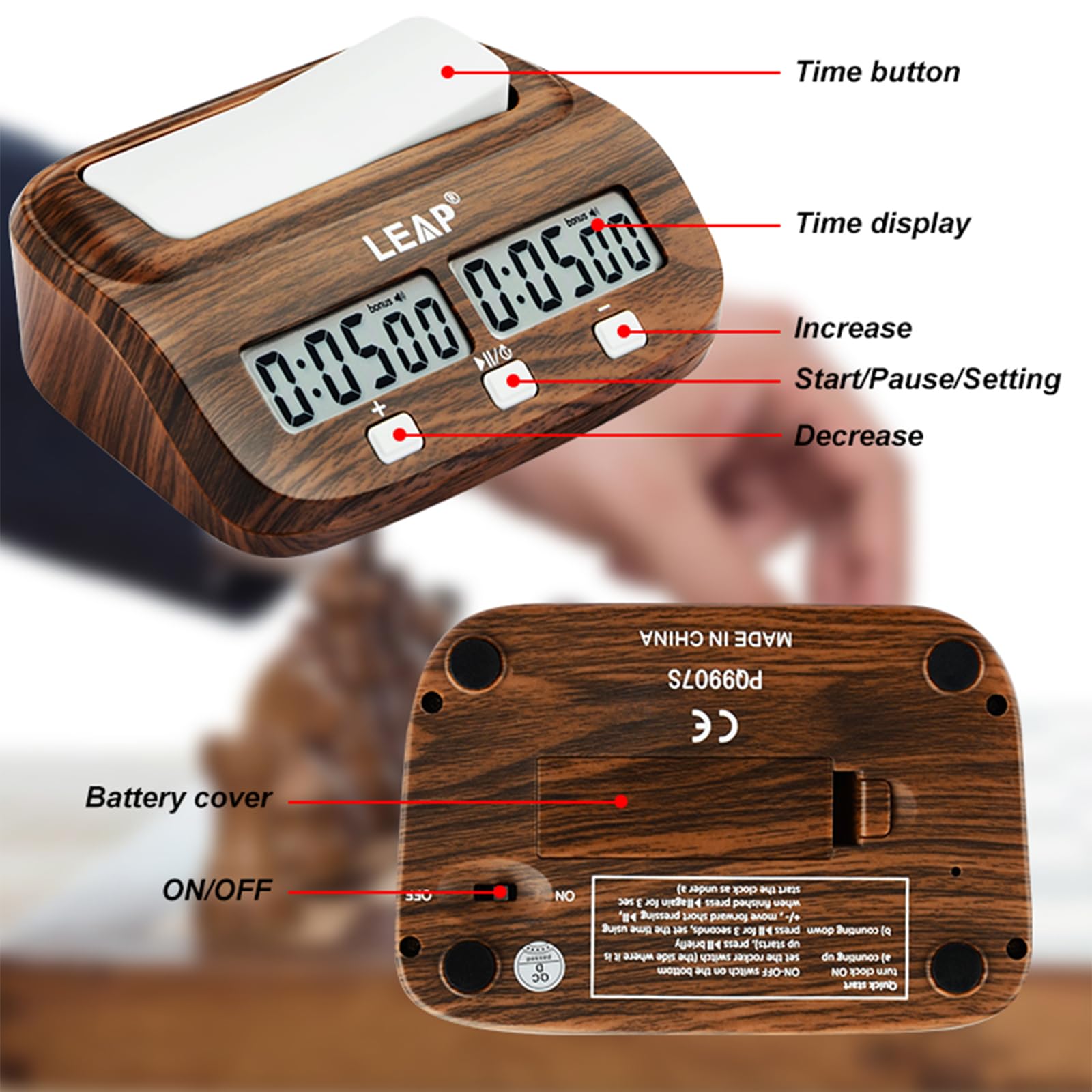 Reloj de ajedrez Digital con retardo de bonificación, Temporizador portátil con Funciones de Torneo y Tiempo de bonificación, Temporizador Profesional para Juegos de Mesa
