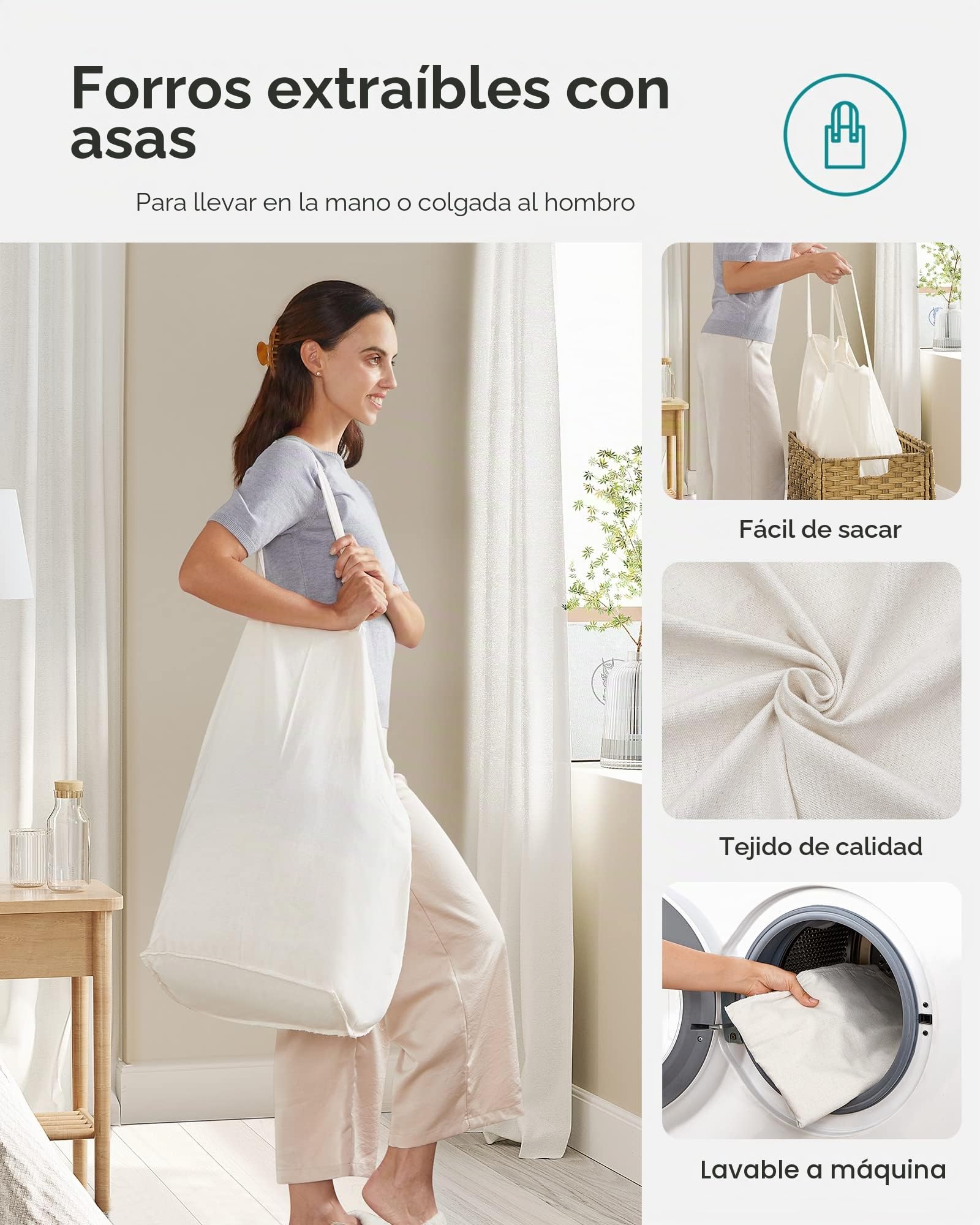 SONGMICS ULCB251N01V1 - Cesta de lavandería con tapa, 90 litros con 2 bolsas de forro extraíbles y 6 bolsas de malla, cesta de mimbre para la ropa sucia, cesta doble para baño, 13 x 18.1 x 23.6