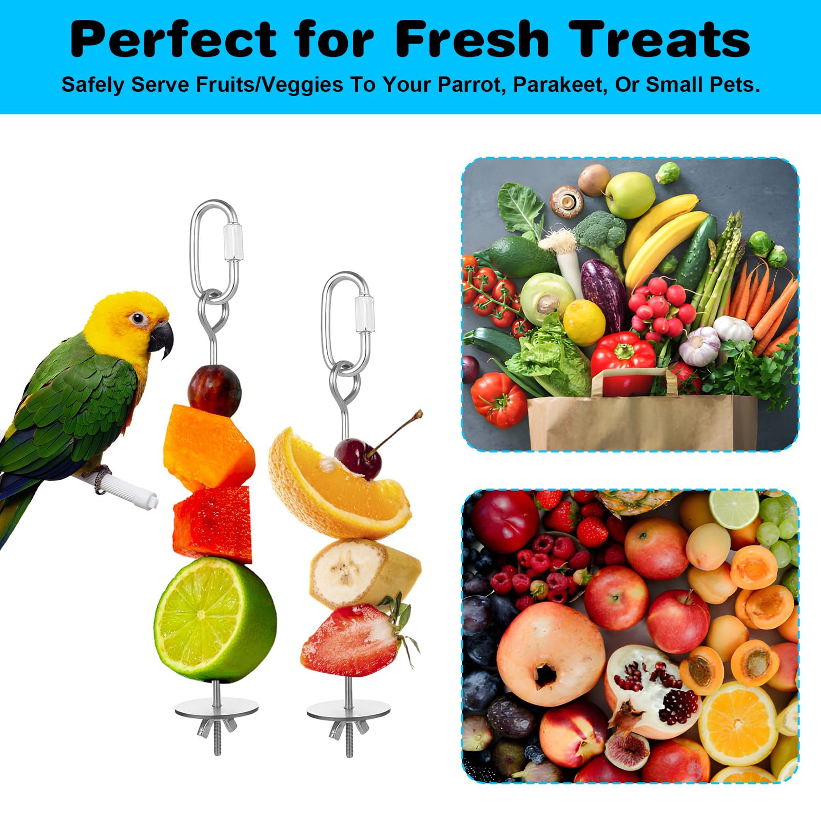 3 Pack Bird Cage Food Holder, Rat Foraging Toys, Stainless Steel Parrot Fruit & Vegetable Skewer Hanging Foraging Toy for Parakeets, Budgies, Macaws - image 5