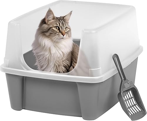 Miniatura 1 de IRIS USA - Caja de arena grande para gatos con escudo de dispersión y cuchara, bandeja de arena para gatos con parte superior abierta, color gris
