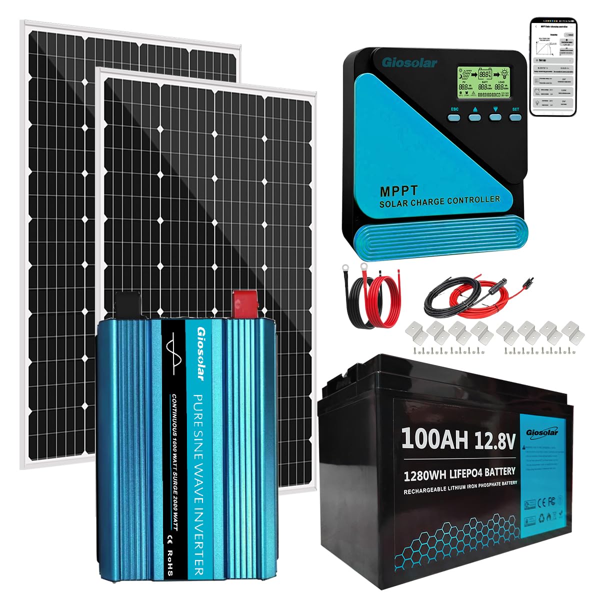 1280WH Complete Off-Grid Solar Panel Kit with 1000W Pure Sine Wave Inverter, 20A MPPT Controller & 100Ah 12.8V LiFePO4 Battery, 2×120W Monocrystalline Solar Panels for RV Boat Cabin Shed Home Backup