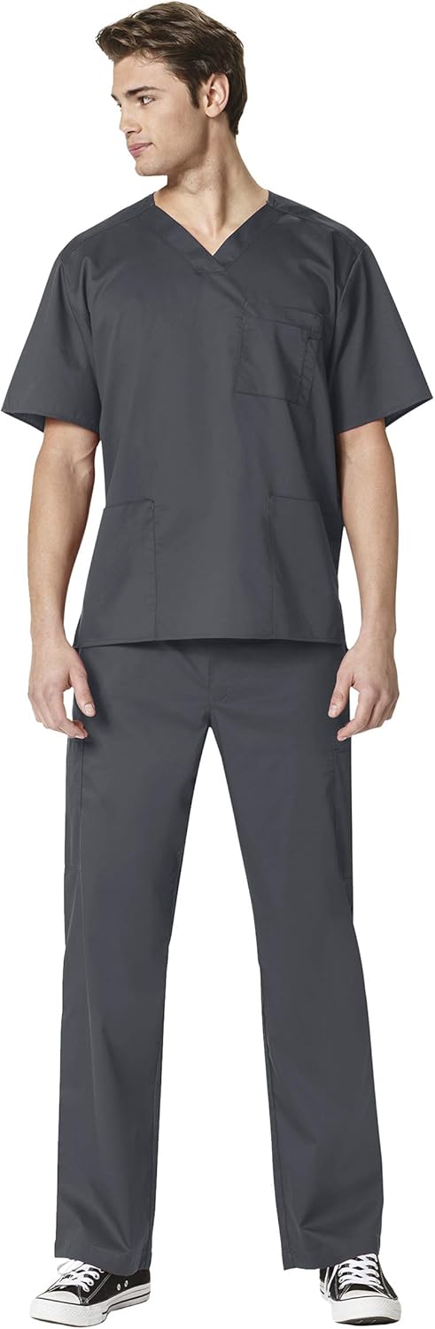 WonderWork Men's V-neck Multi-Pocket Top & Men's Cargo Pant Scrub Set + Badge Reel