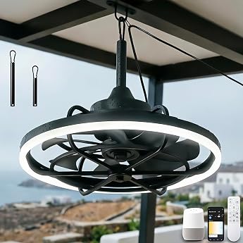 KZT Ceiling Fan with Lighting and Remote Control IP65 Waterproof Outdoor Fan Ceiling Light Compatible with Alexa/Google/App 6 Speeds Quiet Dimmable Fan Ceiling Light for Outdoor Use [Energy Class E]