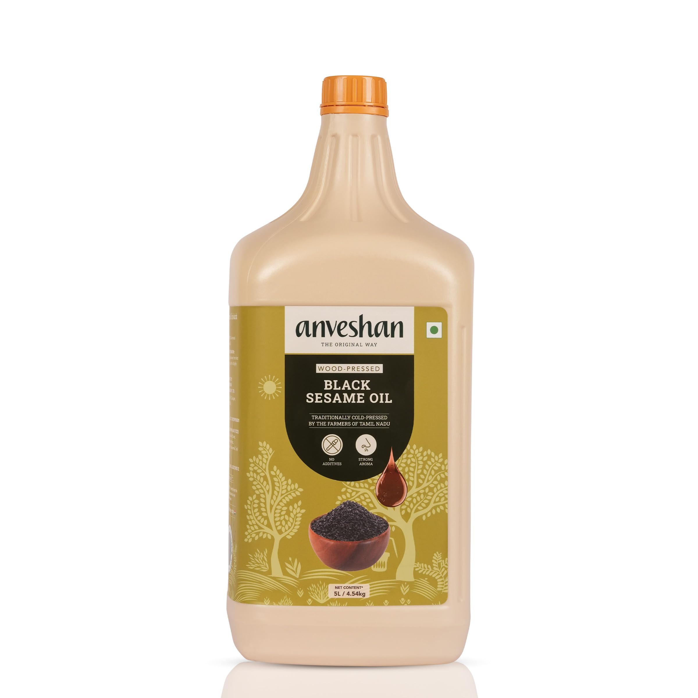 Anveshan Wood Pressed Black Sesame Gingelly Oil - 5L | Plastic Can | Kolhu/Kacchi Ghani/Chekku | Natural | Chemical-Free | Cold Pressed Sesame Oil for Cooking