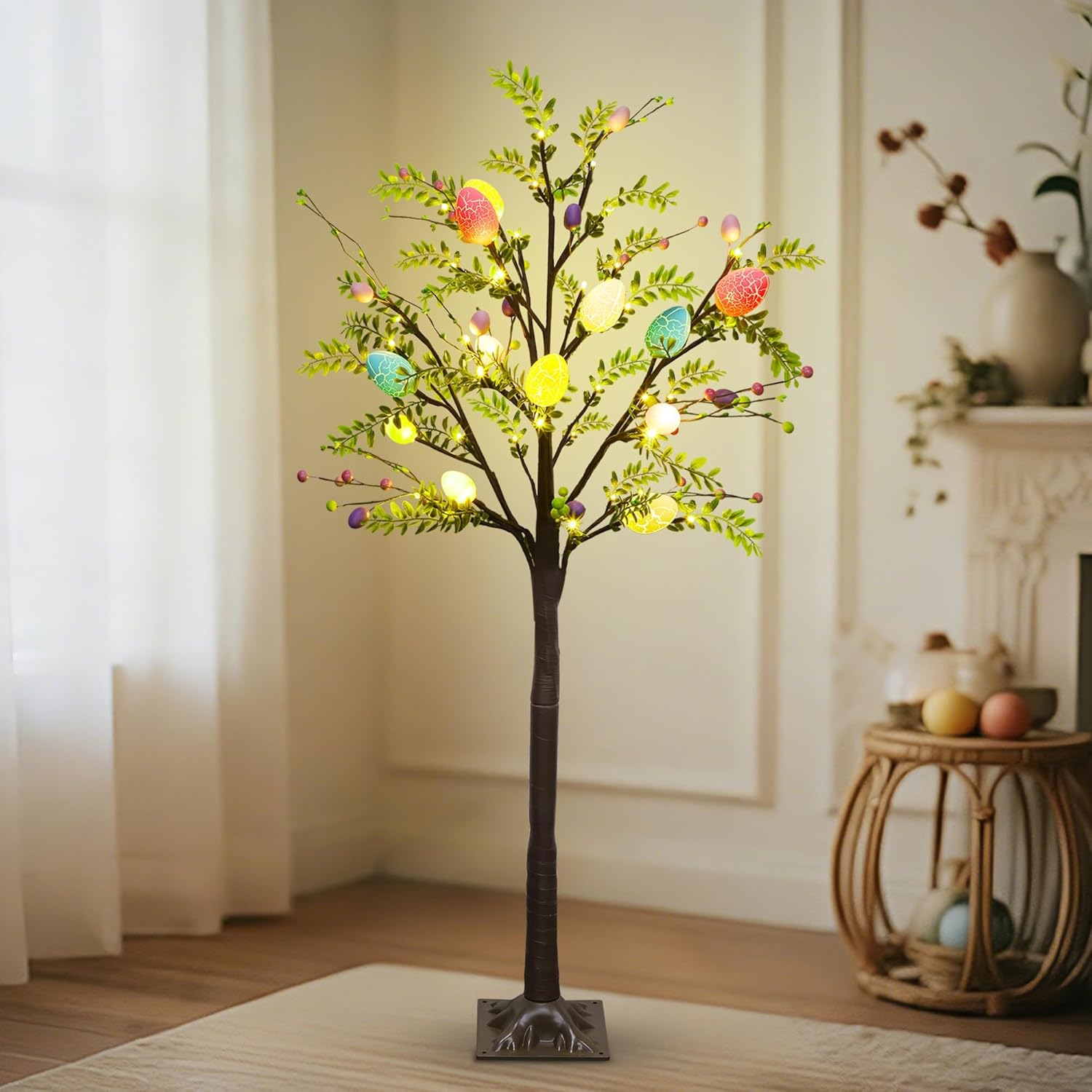 DR.DUDU 4FT Lighted Easter Tree with Timer, Pre-Lit Artificial Egg Trees with Colorful Eggs & LED Lights, Easter Decorations for Home Indoor Outdoor, Spring Decor for Porch, Office