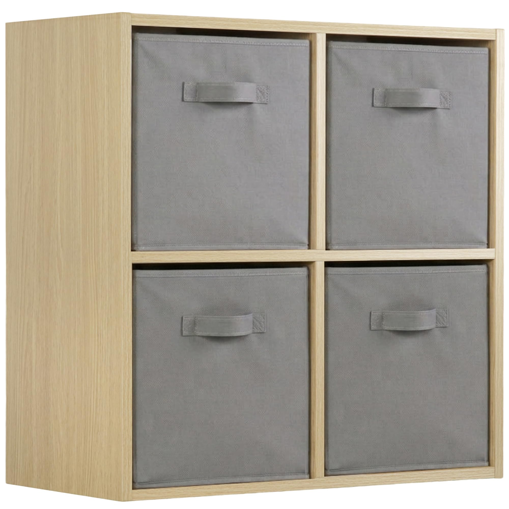 Charles Jacobs Modern Oak Effect 4 Cube Storage Shelving Unit + 4 Grey Fabric Drawers