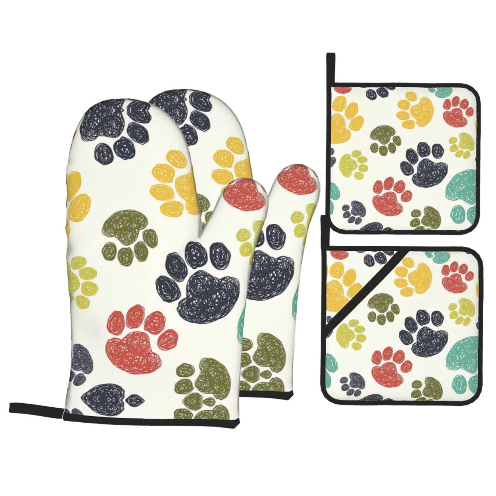 Cute Colorful Dog Paw Print Oven Microwaving Waterproof Kitchen Gloves for Baking Grilling Holiday Cooking