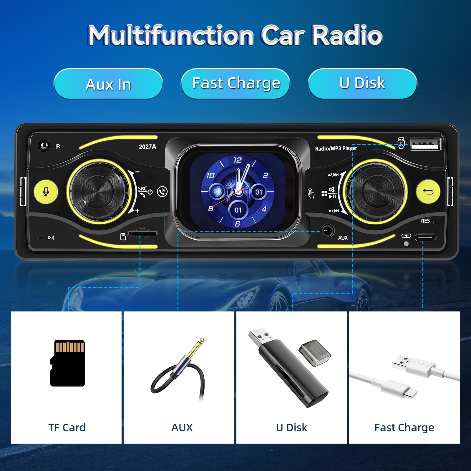 NHOPEEW Radio samochodowe 1 DIN z Bluetooth i ekranem dotykowym: odtwarzacz MP3 z FM, korektor, zestaw głośnomówiący, wejście USB/SD/AUX, ładowanie typu C, złącze ISO i kolorowe światła LED