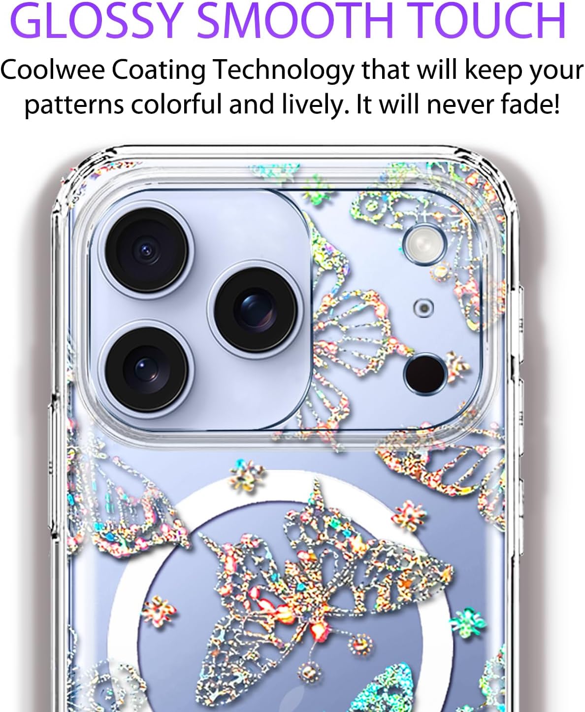 Coolwee Magnetic Iridescent Glitter for iPhone 17 Pro Max Case, Compatible with MagSafe, Slim Cute Girls Women, 10FT Military Grade Protective Cover for iPhone 17 Pro Max Clear Bling Butterfly - Image 5