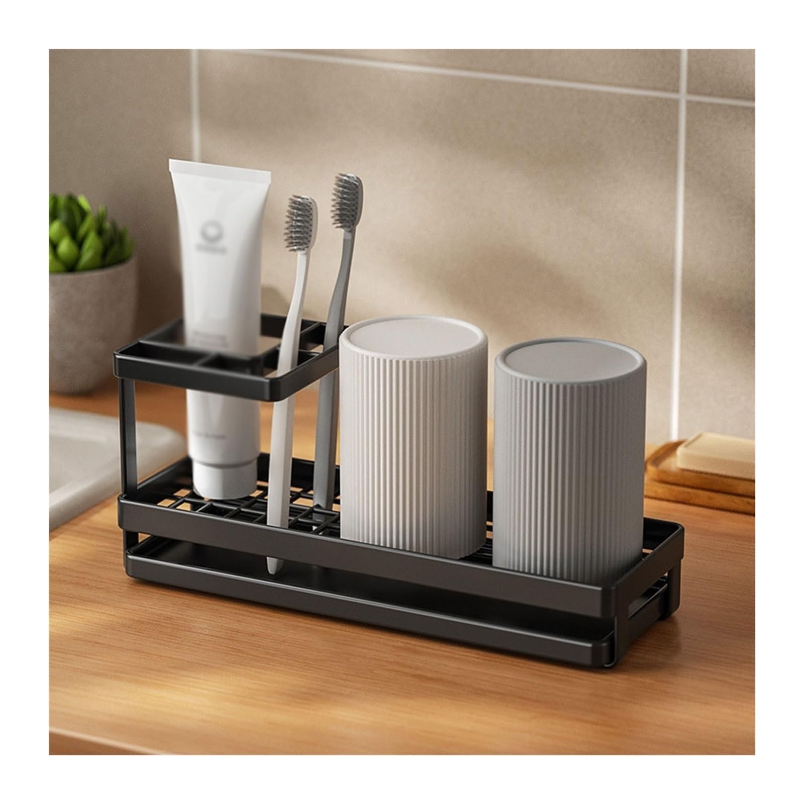 Portaspazzolino in Acciaio al Carbonio Portadentifricio da appoggio Bianco Nero Portaspazzolino Portaoggetti per Bagno Drenaggio (B S25.2cm)