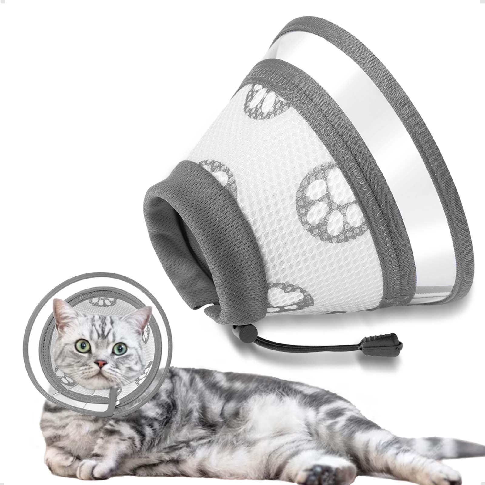 OHCOZZY Collar Isabelino para Gatos Ajustable con Ventana Transparente, Collar de Recuperación Suave Anti Lamidas para Gatos, Post Quirúrgico(S, Gris)