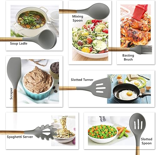 Miniatura 2 de Utensilios de cocina de silicona  Mango de madera, utensilios de cocina antiadherentes resistentes al calor, espátula para utensilios de cocina,