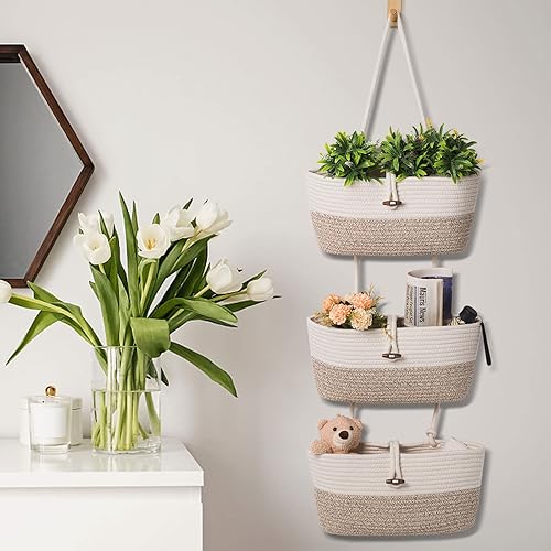 Miniatura 5 de Cesta organizadora de cuerda de algodón, 3 niveles para colgar en la pared, organizador de armario, cestas decorativas para organizar la sala de