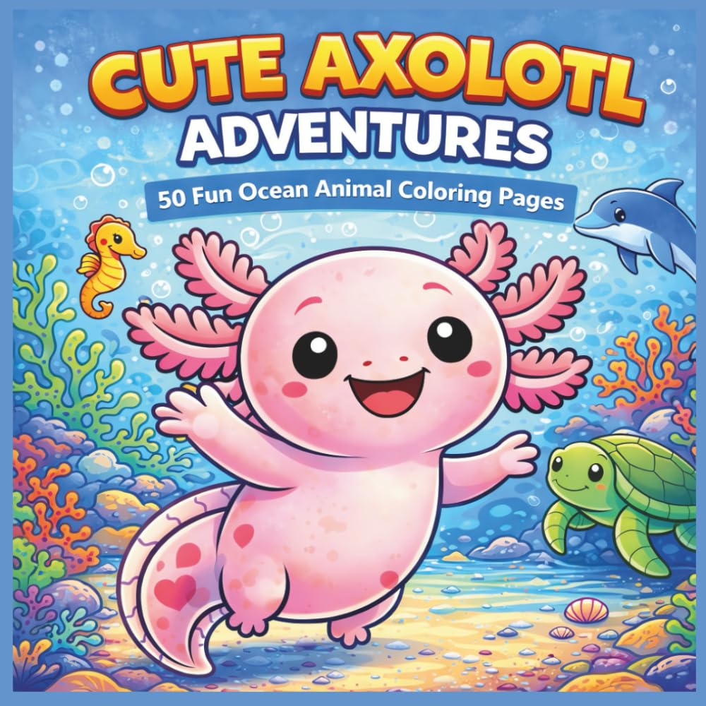 Cute Axolotl Adventures: 50 Underwater Coloring Pages with Ocean Animal Friends for Kids Ages 6–10 | Dolphins, Sharks, Seals, Whales & More
