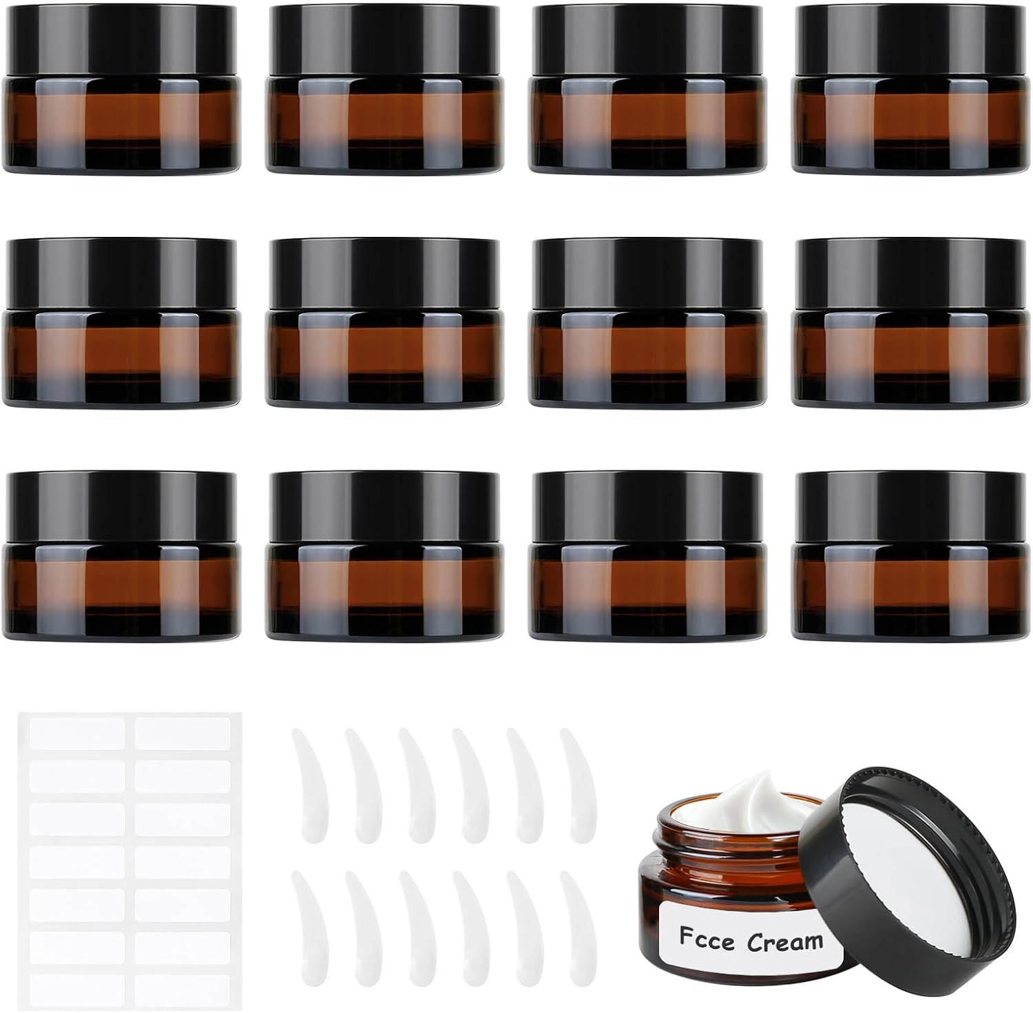 MirraSwit 12 Pcs 20ml Brown Glass Jars, Amber Glass, Brown Glass Cream Jar with Lid and Liner with Sheepspoon for Cosmetics, Creams, Lotions, Essential Oils