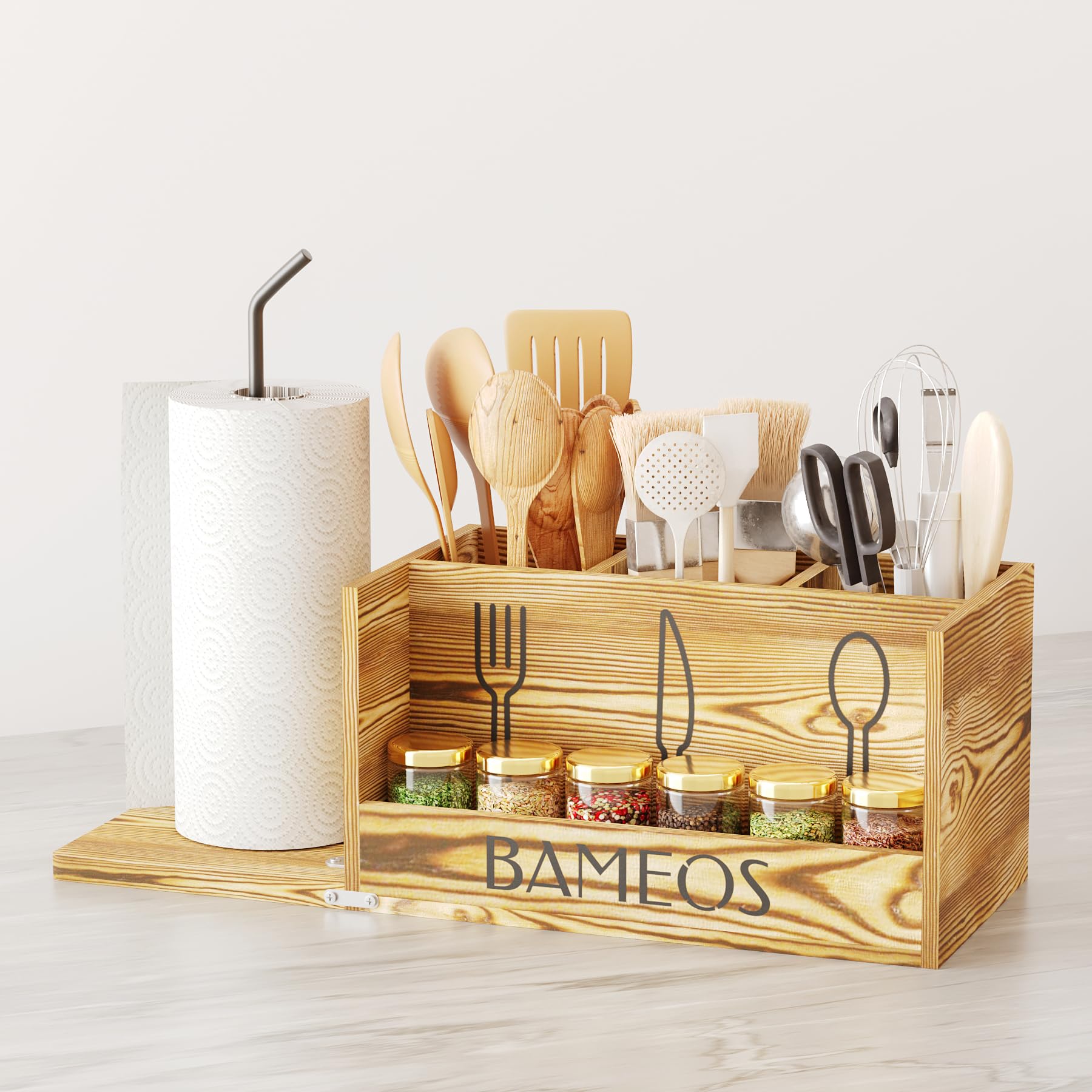 BAMEOS Kitchen Utensil Holder With 3 Compartments | Wood Utensil Organizer For Cutlery Napkins Cups | Large Vintage Countertop Caddy Box Kitchen Counter Decor Paper Towel Holder