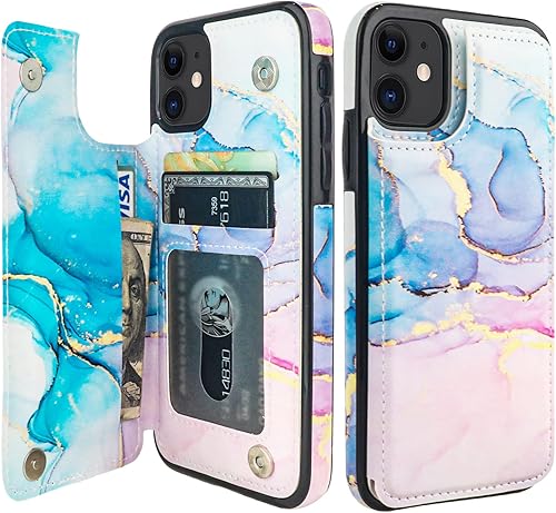 HAOPINSH Funda tipo cartera para iPhone 11 con tarjetero, diseño de mármol rosa y azul con tapa trasera, funda de piel sintética con ranuras para
